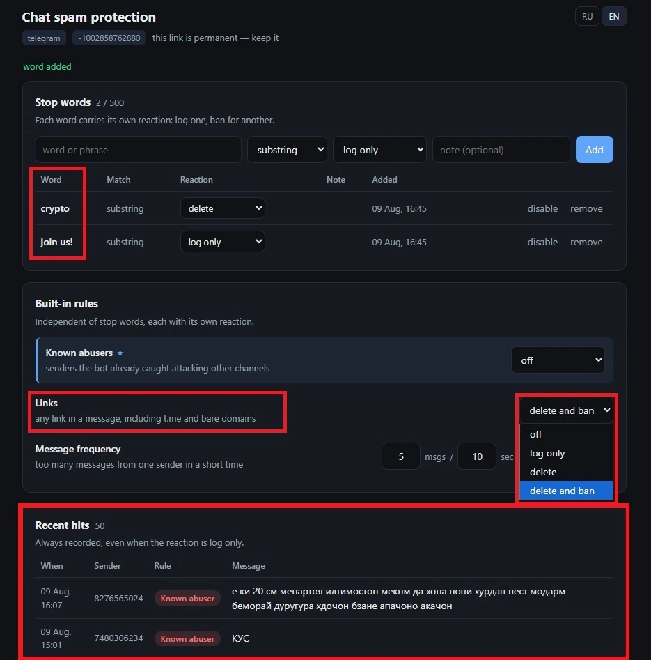 TGuard chat spam protection settings: stop words with per-word reactions, built-in rules for links, message frequency and known abusers, and a log of recent hits